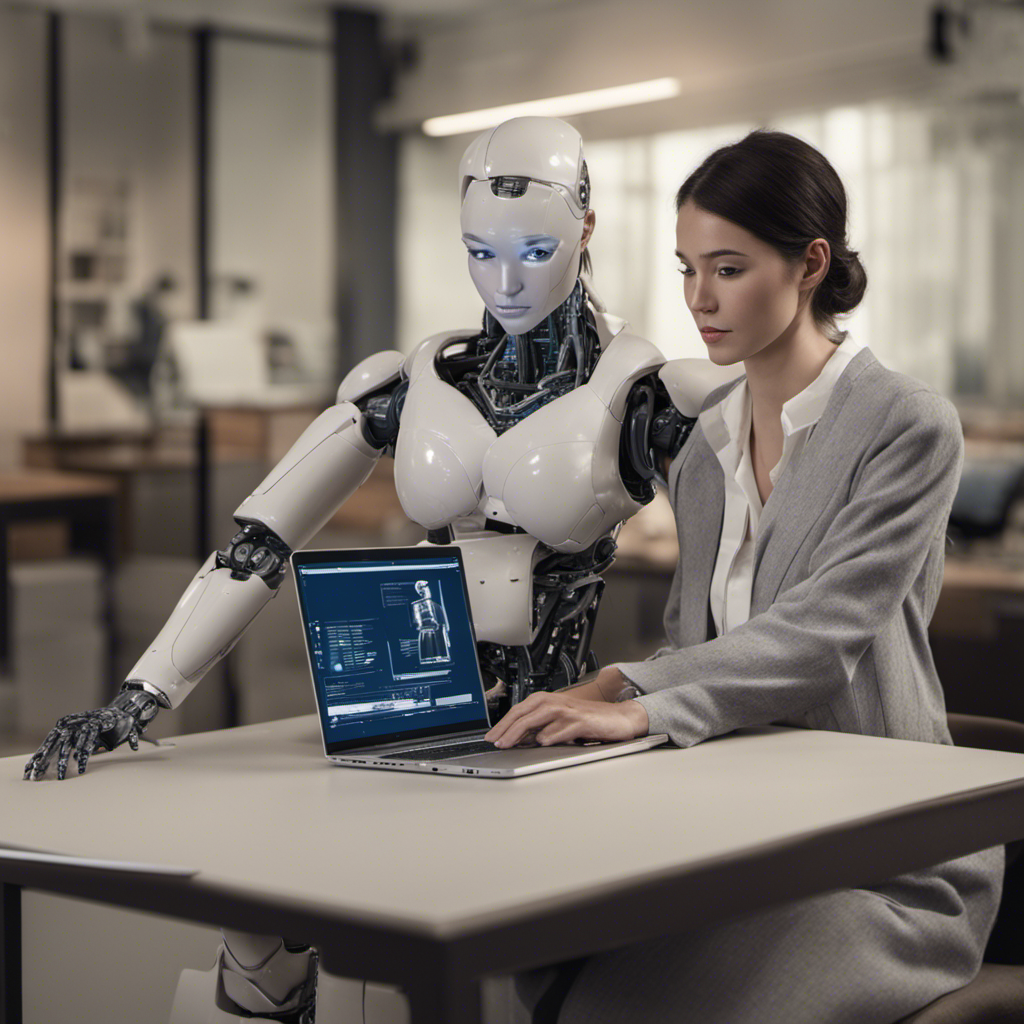 An AI-generated picture of a woman and a humanoid robot at a laptop — it contains a typical AI error: the arms and hands are merged and ambiguous, so it is unclear whose hand is on the laptop