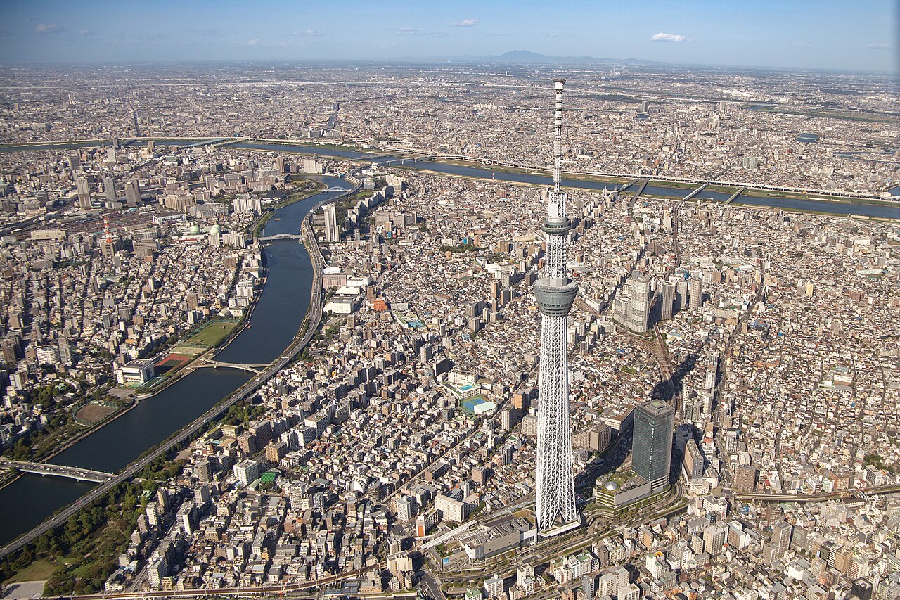 The same Tokyo Skytree photographed from an aircraft: the tower looks small inside the enormous spread of the city around it
